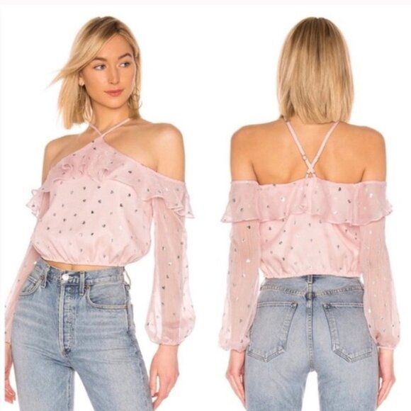 Lovers + Friends Pink Halter Neck Silver Heart Print Cropped Blouse NWT Size XXS - Picture 1 of 8